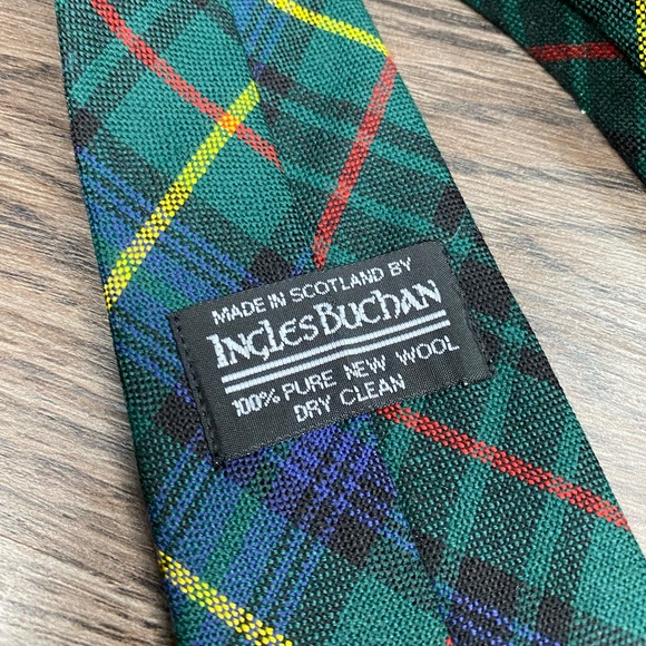 Ingles Buchan Green, Blue, Yellow & Red Tartan Plaid Wool Tie - Picture 3 of 6
